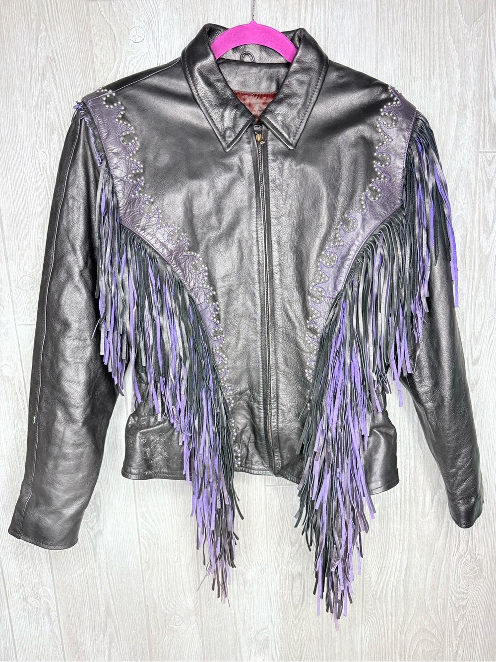 Vintage leather gallery xxl purple black rivet fringe leather motorcycle jacket